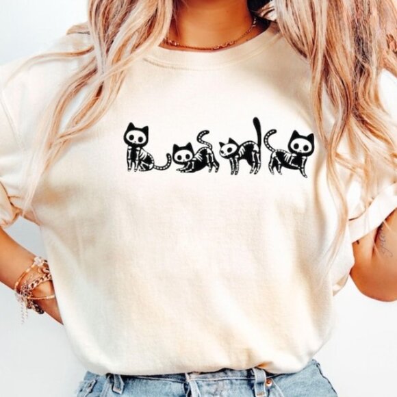 Tops - Halloween Skeleton Cat T-Shirt, Halloween Cat Shirt
